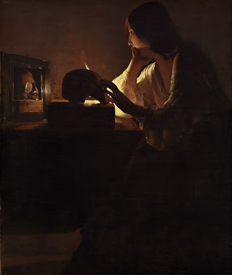 A woman in candlelight resting her head on her hand while gazing at a skull on a table, symbolizing reflection and mortality.